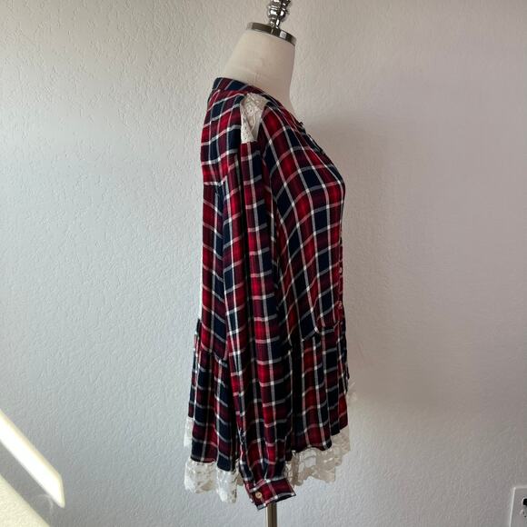 Vintage 90s Y2K Womens Button Up Tunic Top Plaid Lace Long Sleeve Western 2X - Picture 2 of 10